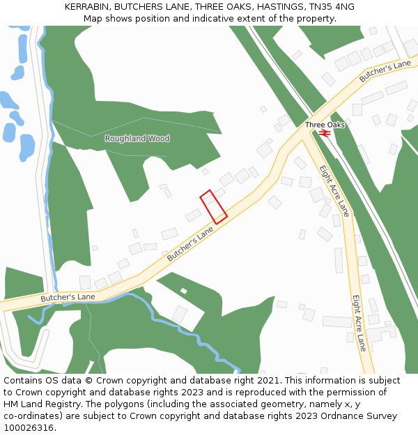 KERRABIN, BUTCHERS LANE, THREE OAKS, HASTINGS, TN35 4NG: Location map and indicative extent of plot