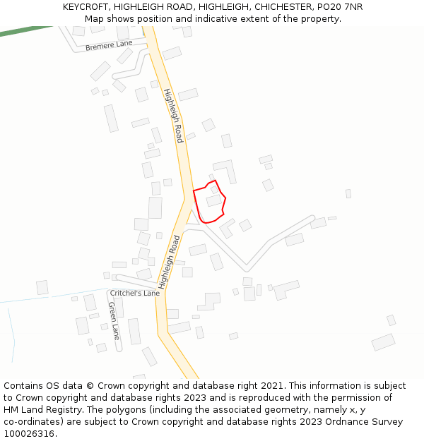 KEYCROFT, HIGHLEIGH ROAD, HIGHLEIGH, CHICHESTER, PO20 7NR: Location map and indicative extent of plot