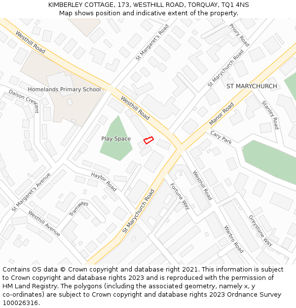 KIMBERLEY COTTAGE, 173, WESTHILL ROAD, TORQUAY, TQ1 4NS: Location map and indicative extent of plot