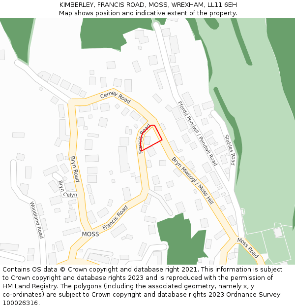 KIMBERLEY, FRANCIS ROAD, MOSS, WREXHAM, LL11 6EH: Location map and indicative extent of plot