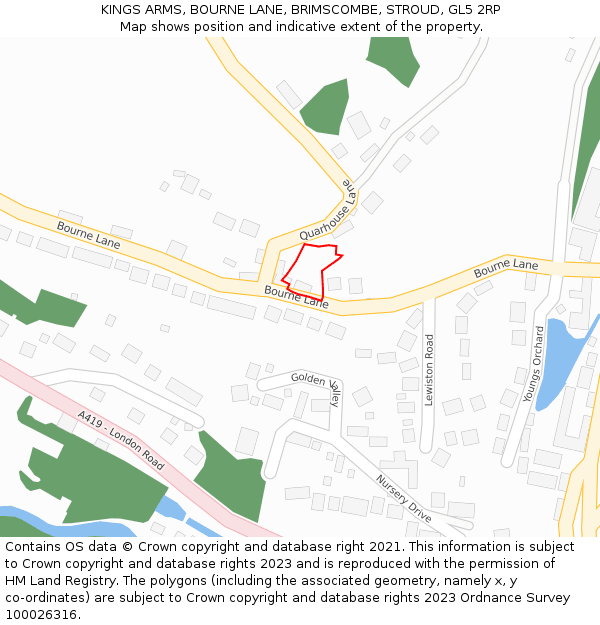 KINGS ARMS, BOURNE LANE, BRIMSCOMBE, STROUD, GL5 2RP: Location map and indicative extent of plot