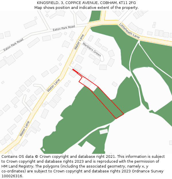 KINGSFIELD, 3, COPPICE AVENUE, COBHAM, KT11 2FG: Location map and indicative extent of plot
