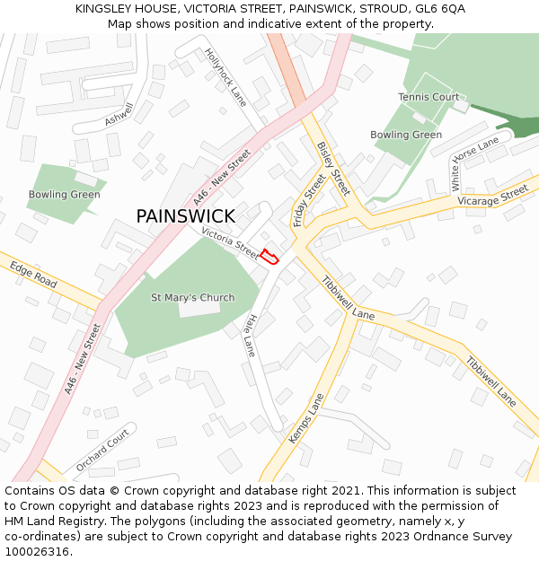 KINGSLEY HOUSE, VICTORIA STREET, PAINSWICK, STROUD, GL6 6QA: Location map and indicative extent of plot