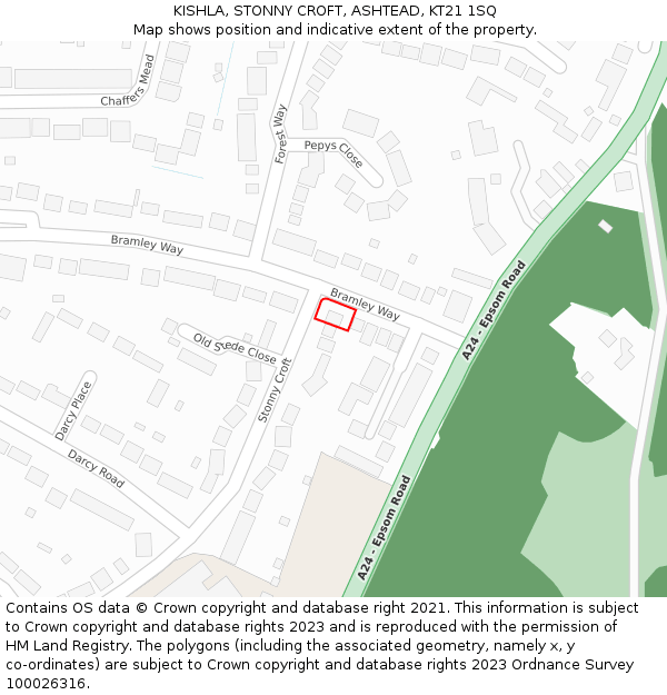 KISHLA, STONNY CROFT, ASHTEAD, KT21 1SQ: Location map and indicative extent of plot