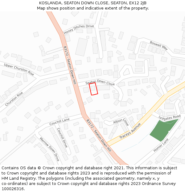 KOSLANDA, SEATON DOWN CLOSE, SEATON, EX12 2JB: Location map and indicative extent of plot