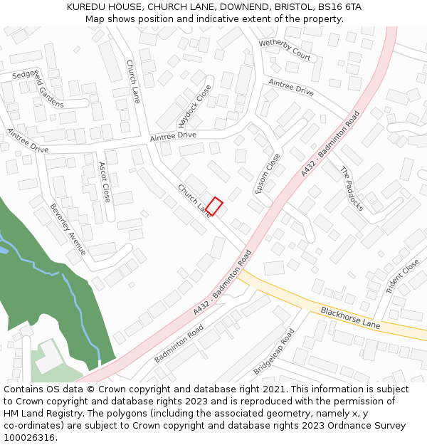 KUREDU HOUSE, CHURCH LANE, DOWNEND, BRISTOL, BS16 6TA: Location map and indicative extent of plot