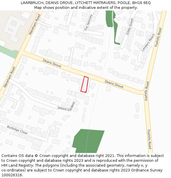 LAARBRUCH, DEANS DROVE, LYTCHETT MATRAVERS, POOLE, BH16 6EQ: Location map and indicative extent of plot