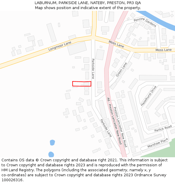 LABURNUM, PARKSIDE LANE, NATEBY, PRESTON, PR3 0JA: Location map and indicative extent of plot