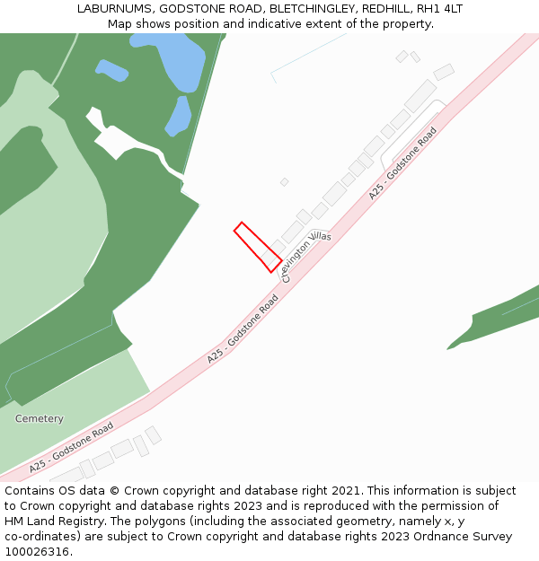 LABURNUMS, GODSTONE ROAD, BLETCHINGLEY, REDHILL, RH1 4LT: Location map and indicative extent of plot