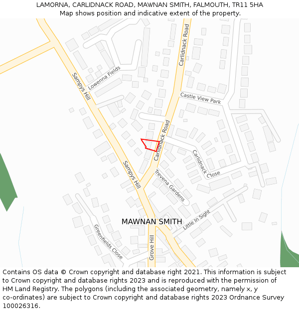 LAMORNA, CARLIDNACK ROAD, MAWNAN SMITH, FALMOUTH, TR11 5HA: Location map and indicative extent of plot
