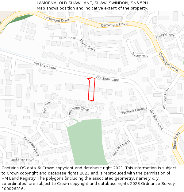 LAMORNA, OLD SHAW LANE, SHAW, SWINDON, SN5 5PH: Location map and indicative extent of plot