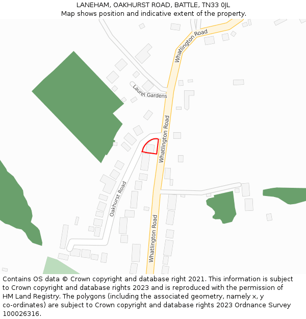 LANEHAM, OAKHURST ROAD, BATTLE, TN33 0JL: Location map and indicative extent of plot