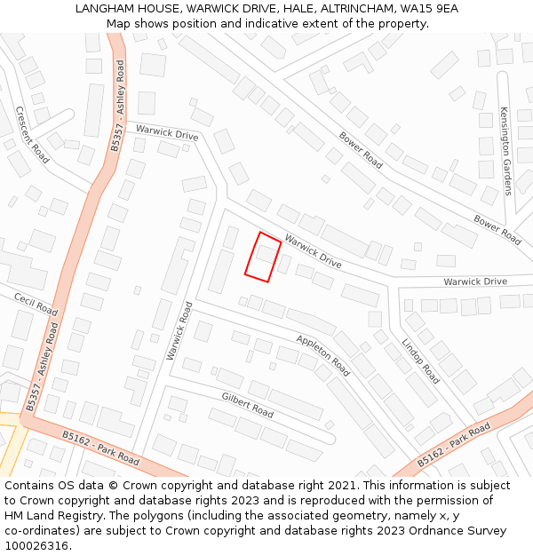 LANGHAM HOUSE, WARWICK DRIVE, HALE, ALTRINCHAM, WA15 9EA: Location map and indicative extent of plot