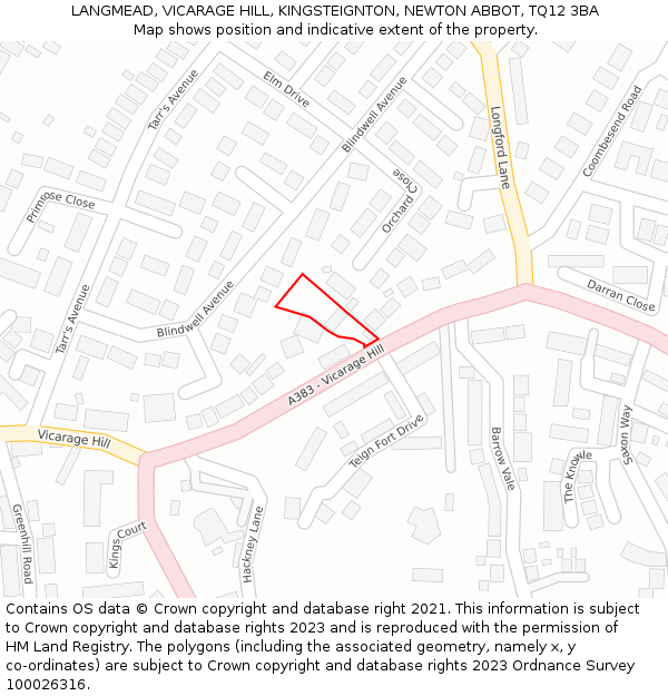 LANGMEAD, VICARAGE HILL, KINGSTEIGNTON, NEWTON ABBOT, TQ12 3BA: Location map and indicative extent of plot