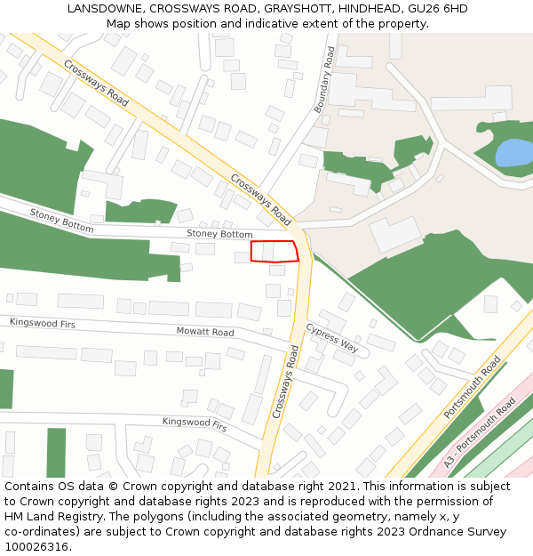 LANSDOWNE, CROSSWAYS ROAD, GRAYSHOTT, HINDHEAD, GU26 6HD: Location map and indicative extent of plot