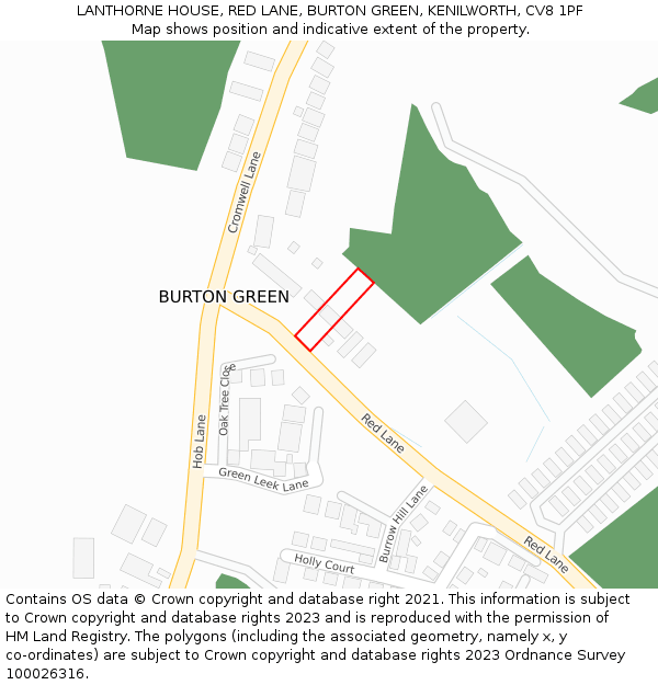 LANTHORNE HOUSE, RED LANE, BURTON GREEN, KENILWORTH, CV8 1PF: Location map and indicative extent of plot