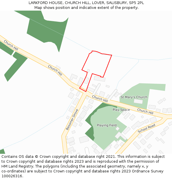 LARKFORD HOUSE, CHURCH HILL, LOVER, SALISBURY, SP5 2PL: Location map and indicative extent of plot