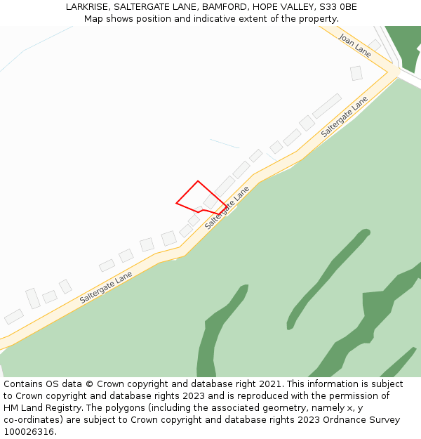 LARKRISE, SALTERGATE LANE, BAMFORD, HOPE VALLEY, S33 0BE: Location map and indicative extent of plot