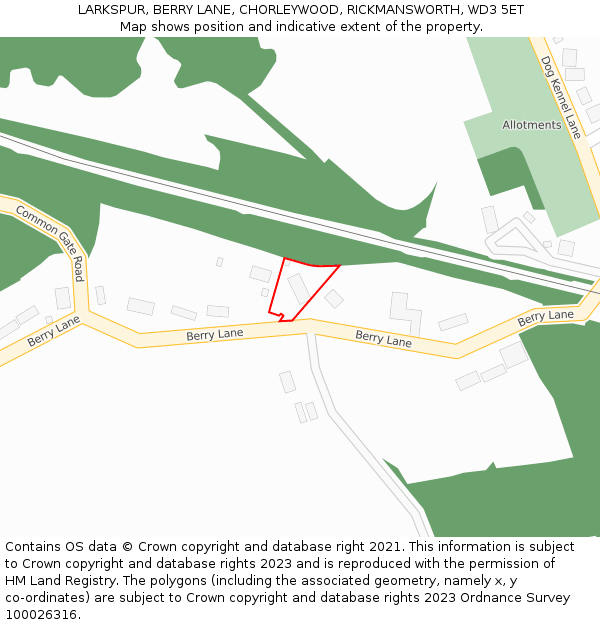 LARKSPUR, BERRY LANE, CHORLEYWOOD, RICKMANSWORTH, WD3 5ET: Location map and indicative extent of plot