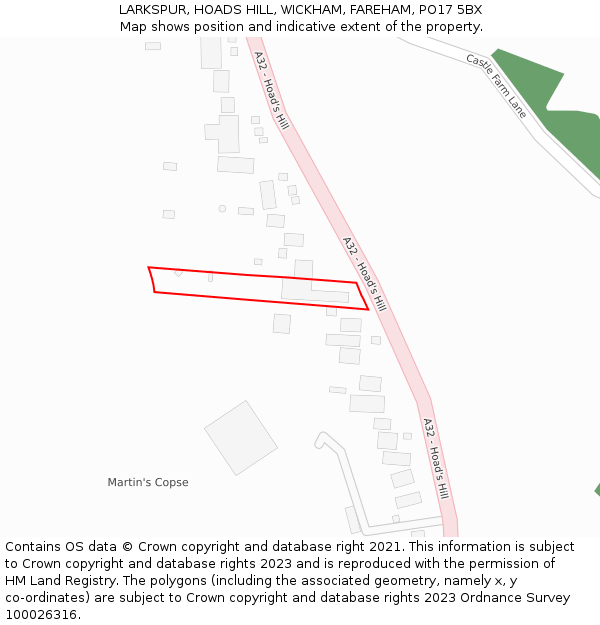 LARKSPUR, HOADS HILL, WICKHAM, FAREHAM, PO17 5BX: Location map and indicative extent of plot