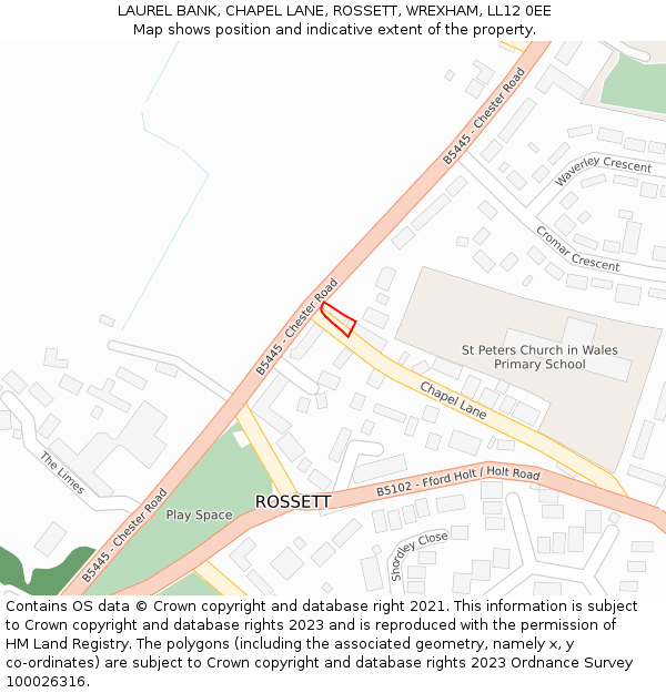LAUREL BANK, CHAPEL LANE, ROSSETT, WREXHAM, LL12 0EE: Location map and indicative extent of plot