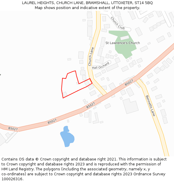 LAUREL HEIGHTS, CHURCH LANE, BRAMSHALL, UTTOXETER, ST14 5BQ: Location map and indicative extent of plot