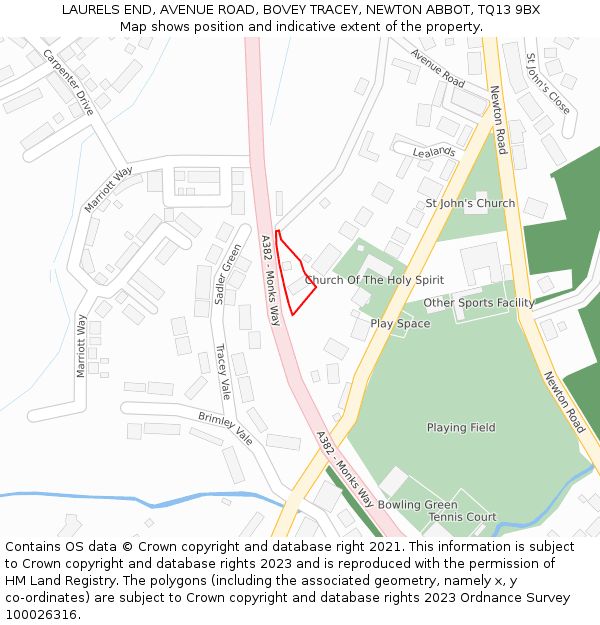 LAURELS END, AVENUE ROAD, BOVEY TRACEY, NEWTON ABBOT, TQ13 9BX: Location map and indicative extent of plot