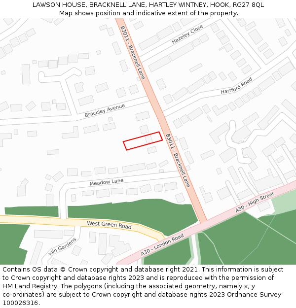 LAWSON HOUSE, BRACKNELL LANE, HARTLEY WINTNEY, HOOK, RG27 8QL: Location map and indicative extent of plot