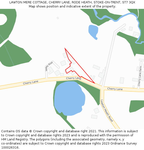 LAWTON MERE COTTAGE, CHERRY LANE, RODE HEATH, STOKE-ON-TRENT, ST7 3QX: Location map and indicative extent of plot