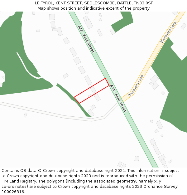 LE TYROL, KENT STREET, SEDLESCOMBE, BATTLE, TN33 0SF: Location map and indicative extent of plot