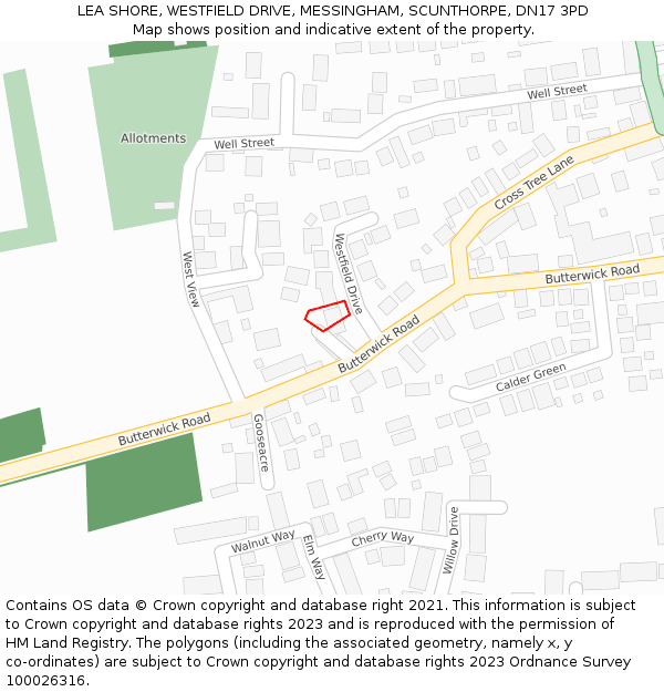 LEA SHORE, WESTFIELD DRIVE, MESSINGHAM, SCUNTHORPE, DN17 3PD: Location map and indicative extent of plot