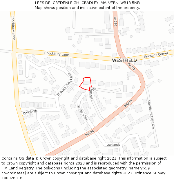 LEESIDE, CREDENLEIGH, CRADLEY, MALVERN, WR13 5NB: Location map and indicative extent of plot