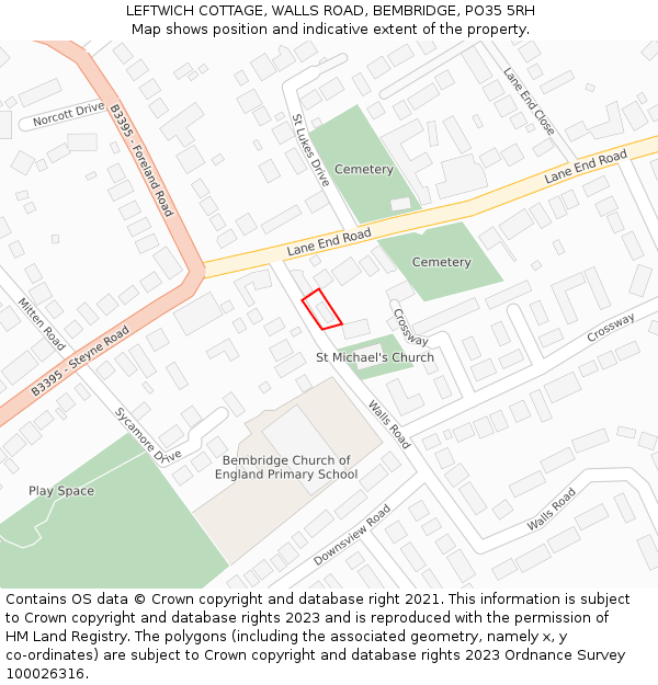 LEFTWICH COTTAGE, WALLS ROAD, BEMBRIDGE, PO35 5RH: Location map and indicative extent of plot