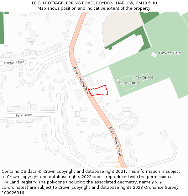LEIGH COTTAGE, EPPING ROAD, ROYDON, HARLOW, CM19 5HU: Location map and indicative extent of plot