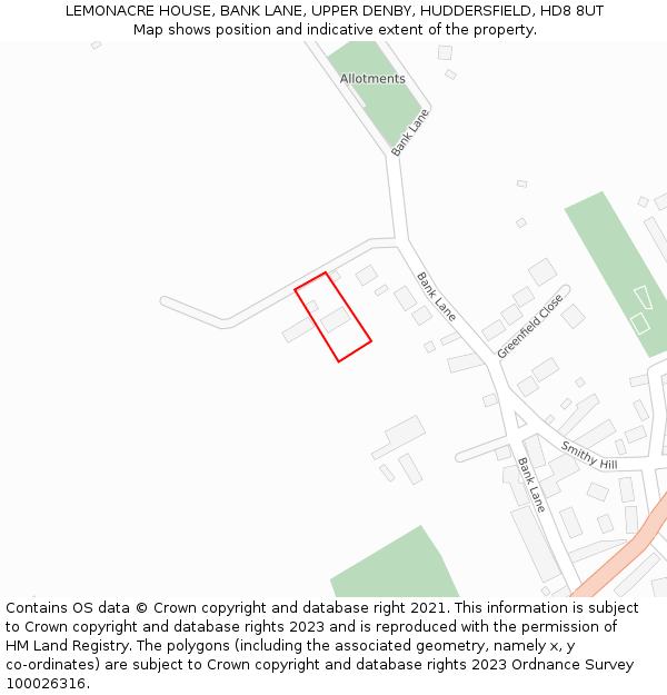 LEMONACRE HOUSE, BANK LANE, UPPER DENBY, HUDDERSFIELD, HD8 8UT: Location map and indicative extent of plot