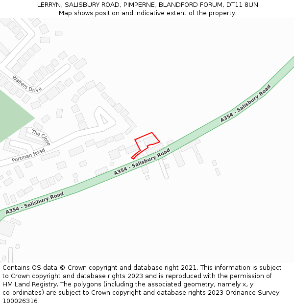 LERRYN, SALISBURY ROAD, PIMPERNE, BLANDFORD FORUM, DT11 8UN: Location map and indicative extent of plot