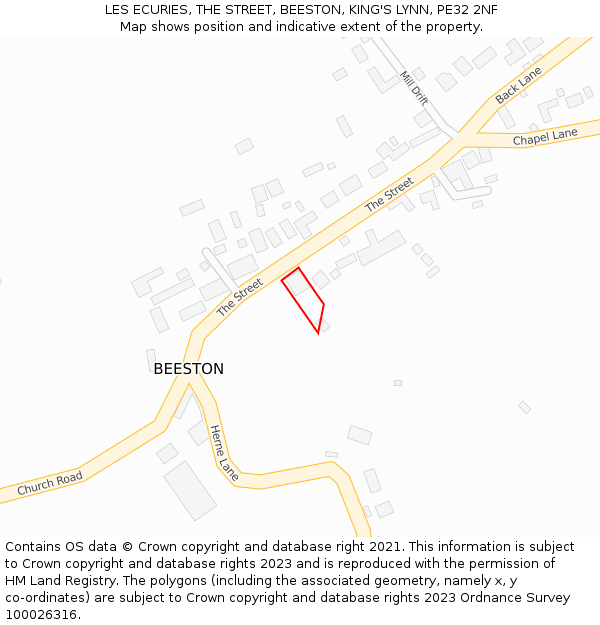 LES ECURIES, THE STREET, BEESTON, KING'S LYNN, PE32 2NF: Location map and indicative extent of plot