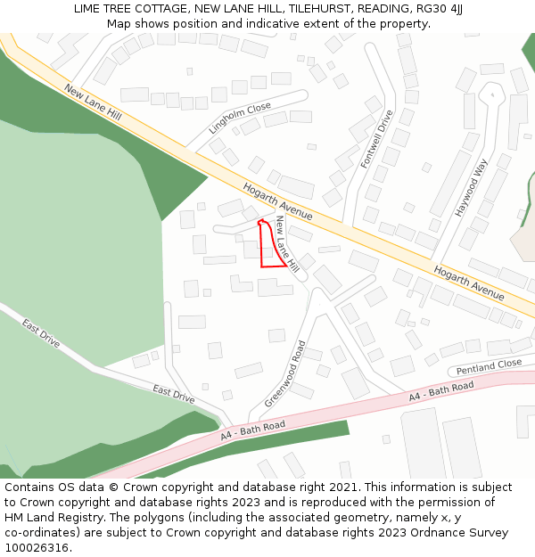 LIME TREE COTTAGE, NEW LANE HILL, TILEHURST, READING, RG30 4JJ: Location map and indicative extent of plot