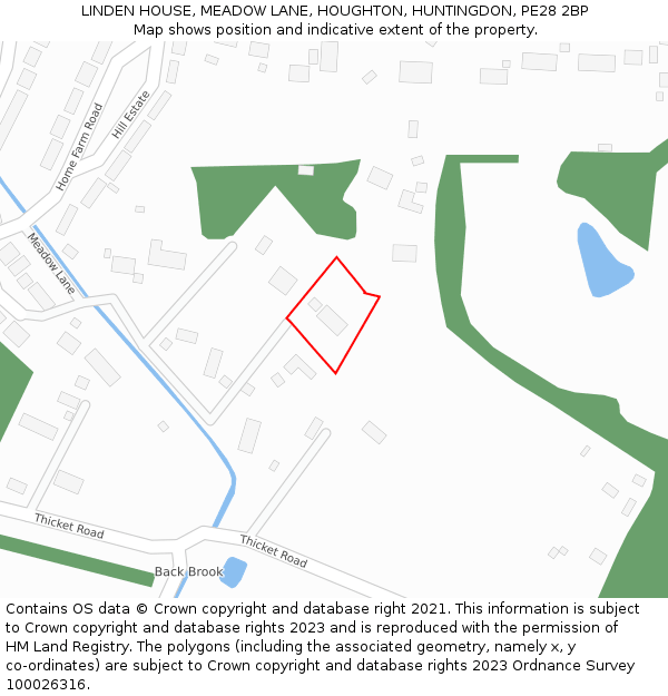 LINDEN HOUSE, MEADOW LANE, HOUGHTON, HUNTINGDON, PE28 2BP: Location map and indicative extent of plot