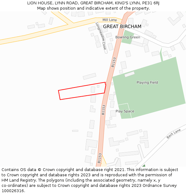 LION HOUSE, LYNN ROAD, GREAT BIRCHAM, KING'S LYNN, PE31 6RJ: Location map and indicative extent of plot