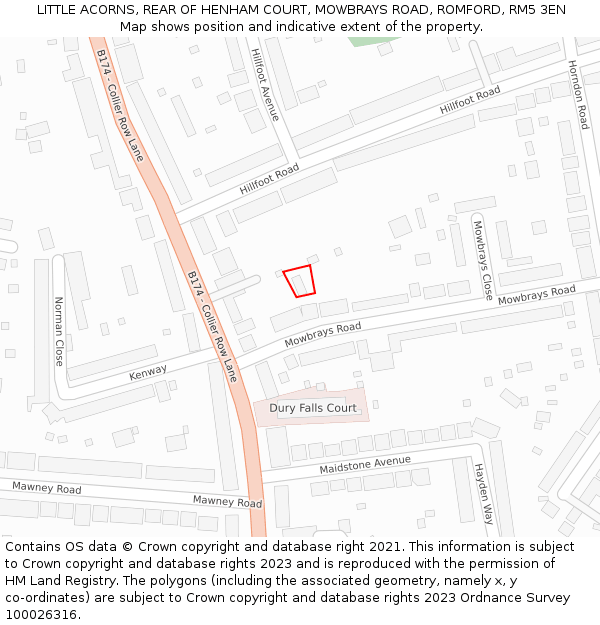 LITTLE ACORNS, REAR OF HENHAM COURT, MOWBRAYS ROAD, ROMFORD, RM5 3EN: Location map and indicative extent of plot