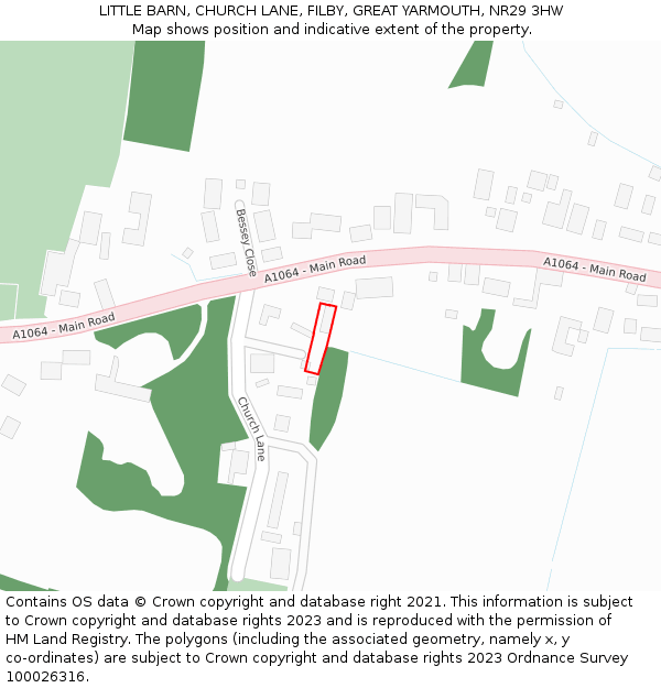 LITTLE BARN, CHURCH LANE, FILBY, GREAT YARMOUTH, NR29 3HW: Location map and indicative extent of plot