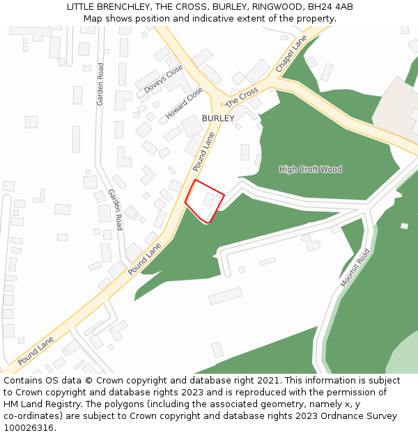 LITTLE BRENCHLEY, THE CROSS, BURLEY, RINGWOOD, BH24 4AB: Location map and indicative extent of plot