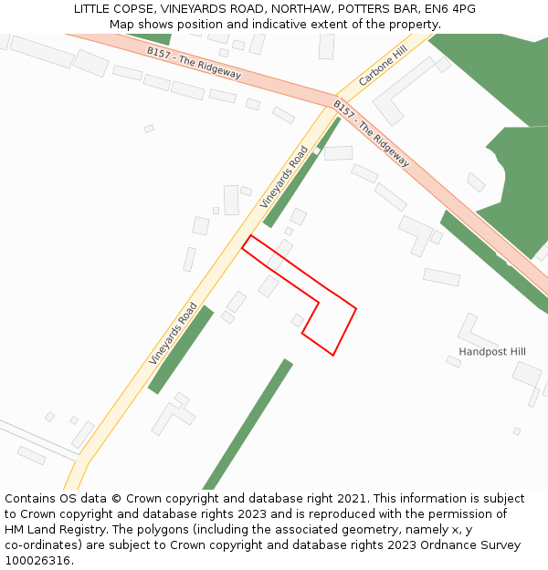 LITTLE COPSE, VINEYARDS ROAD, NORTHAW, POTTERS BAR, EN6 4PG: Location map and indicative extent of plot