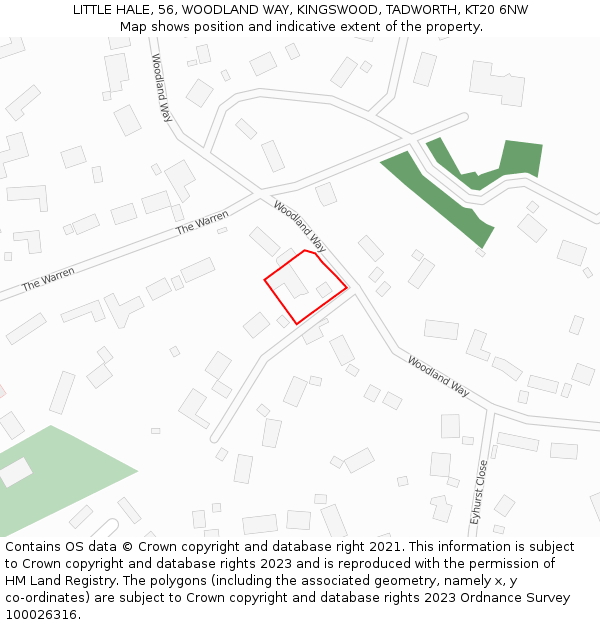 LITTLE HALE, 56, WOODLAND WAY, KINGSWOOD, TADWORTH, KT20 6NW: Location map and indicative extent of plot