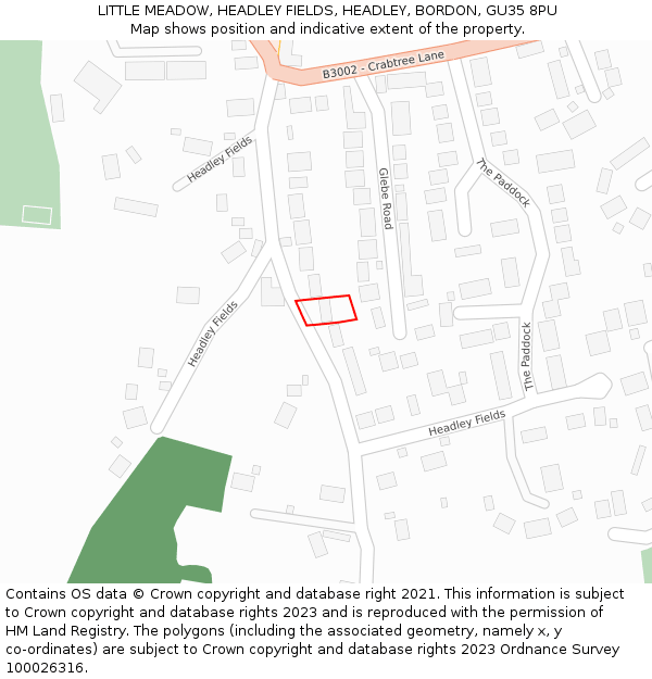 LITTLE MEADOW, HEADLEY FIELDS, HEADLEY, BORDON, GU35 8PU: Location map and indicative extent of plot