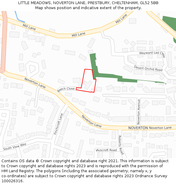 LITTLE MEADOWS, NOVERTON LANE, PRESTBURY, CHELTENHAM, GL52 5BB: Location map and indicative extent of plot