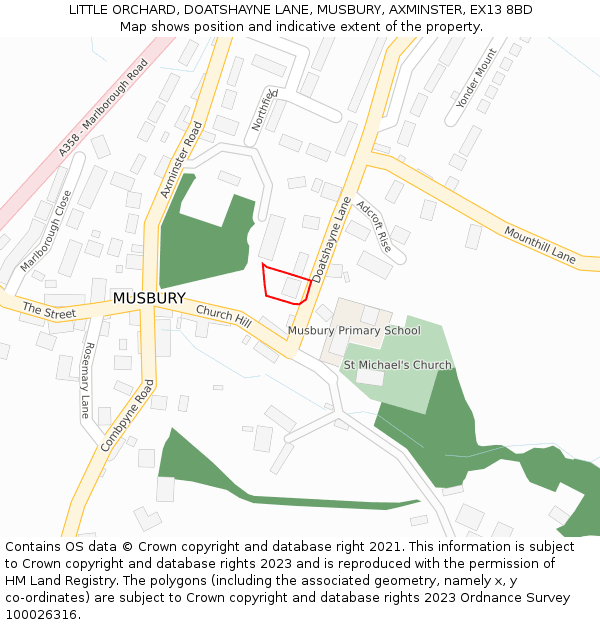 LITTLE ORCHARD, DOATSHAYNE LANE, MUSBURY, AXMINSTER, EX13 8BD: Location map and indicative extent of plot