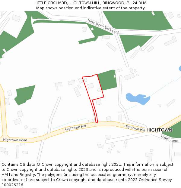 LITTLE ORCHARD, HIGHTOWN HILL, RINGWOOD, BH24 3HA: Location map and indicative extent of plot