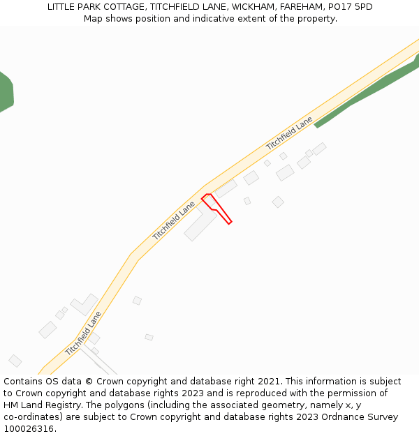 LITTLE PARK COTTAGE, TITCHFIELD LANE, WICKHAM, FAREHAM, PO17 5PD: Location map and indicative extent of plot